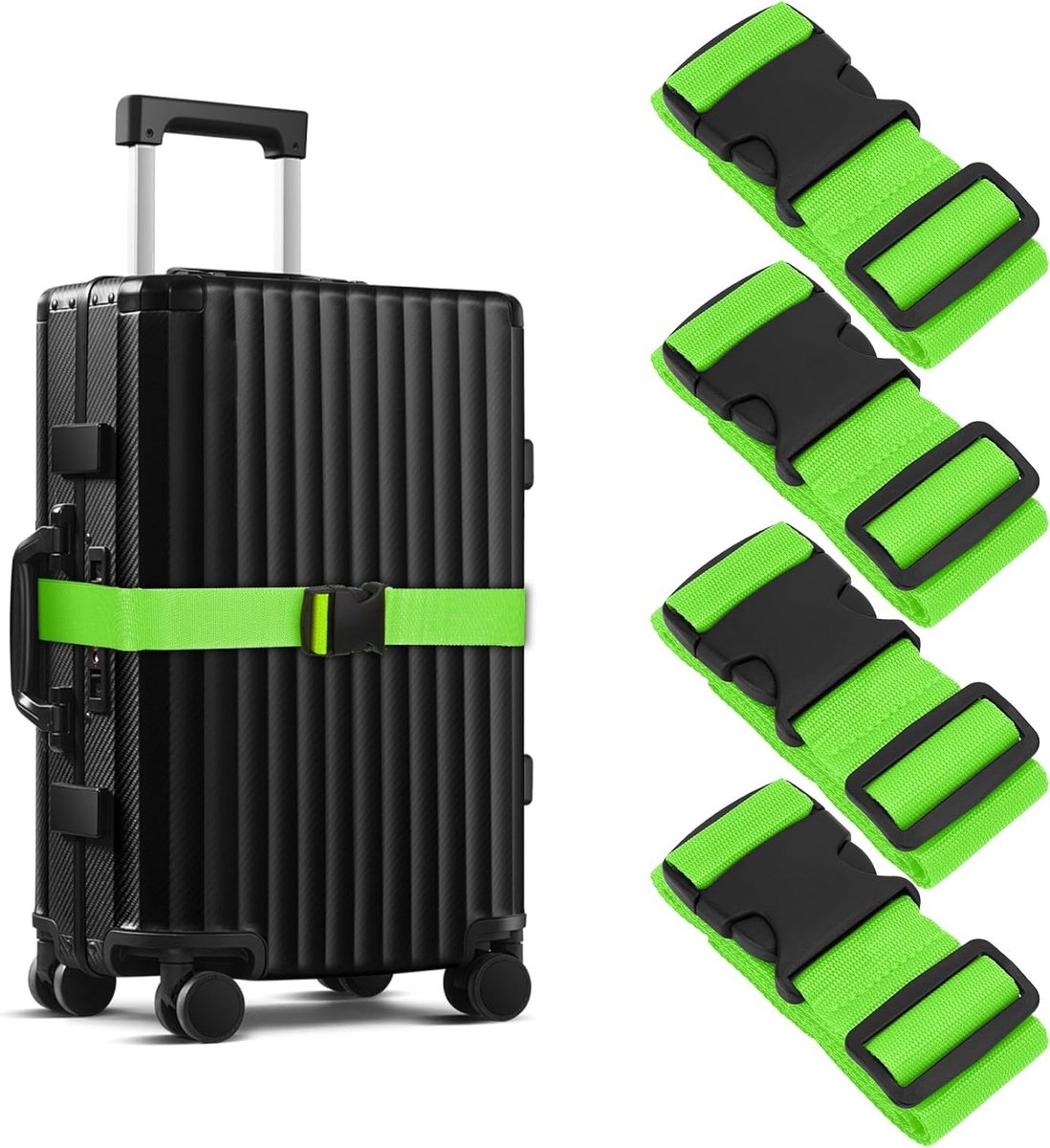 Set van 4 opvallende bagagestraps voor reisbagage, sterke kofferbanden, accessoires voor koffers en tassen in groen