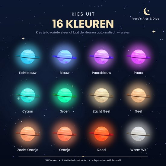 Saturnus Lamp - Vera's Arts & Dice - 16 Verschillende Kleuren - Planeet Lampen - Saturn Lamp - LED Lamp - Oplaadbaar Dimbaar Stroboscoop Afstandsbediening - 3D Print Handmade - Lampen Sfeerverlichting - Slaapkamer Woonkamer Kinderkamer van Vera's Arts & Dice — afbeelding 4