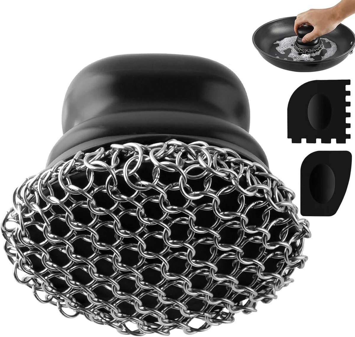 SnelShoppen - Cast Iron Pan Scrubber met 2 Scrapers - Pot Cleaner voor Dishes, Pots, Pans, Griddles, Grills - Ergonomisch, RVS, Zwart, Groot