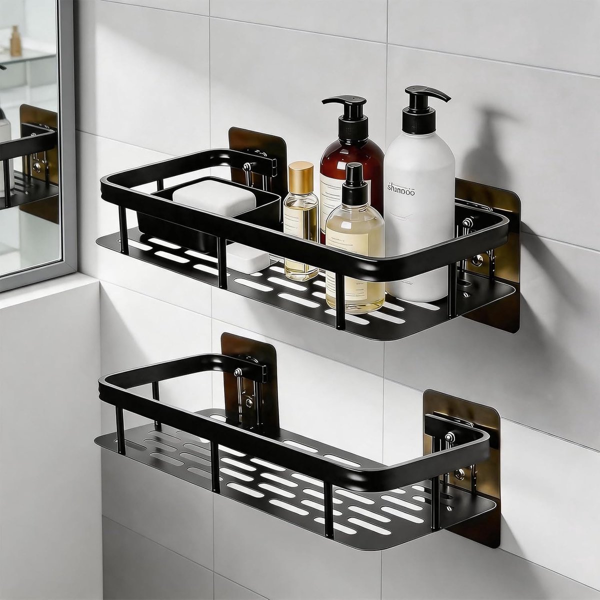 SnelShoppen - 2 stuks shampoo-houders voor douche, zwart metalen badkamerrek zonder boren, wandrek met afvoergaten, organizer voor badkamer, entree en