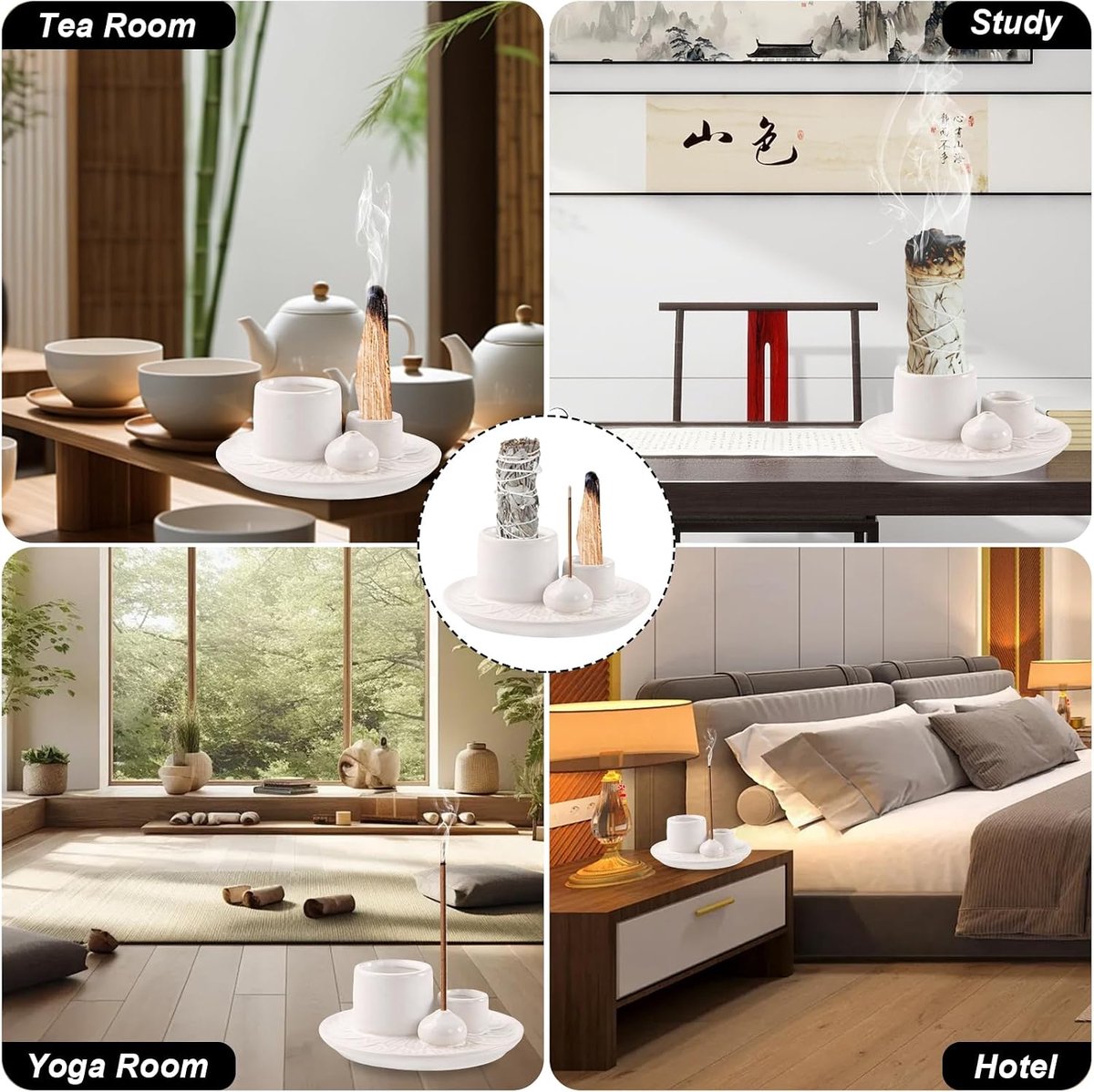 SnelShoppen - 4-in-1 Wierookhouder voor Wierookstokjes, Palo Santo, Salie, Kaarsen - Ideaal voor Meditatie, Yoga en Thuisdecoratie - Wit