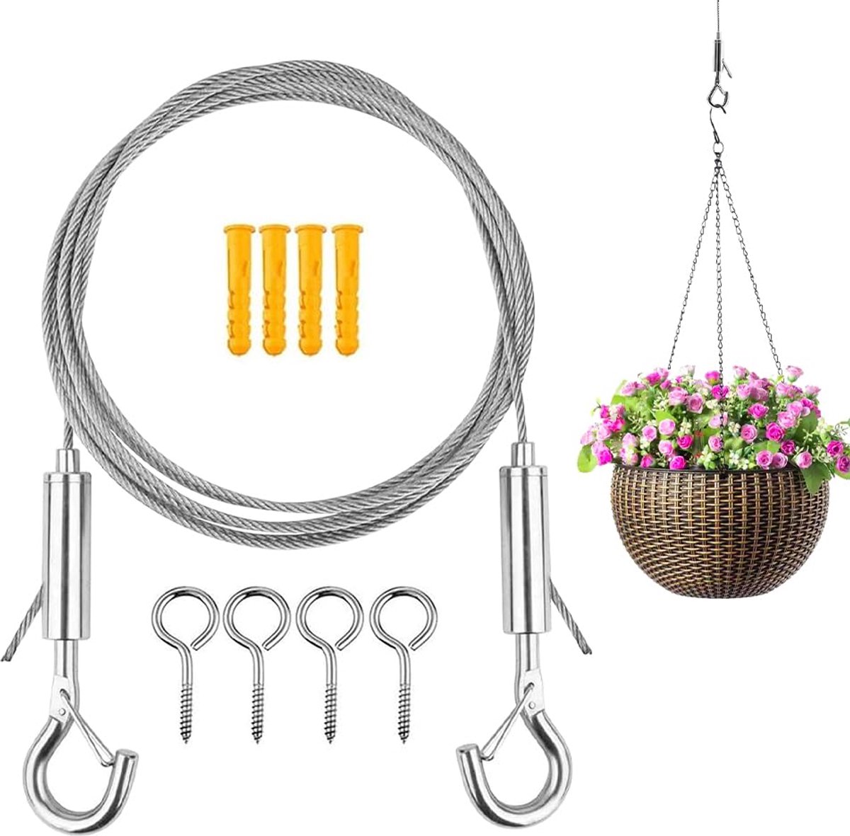SnelShoppen - Wire Rope Set van 5 Meter, RVS Spankabel met Verstelbare Haken, Kabel voor Licht Hangen, Kledinglijn, Klimplant Rope, Gordijn Touw