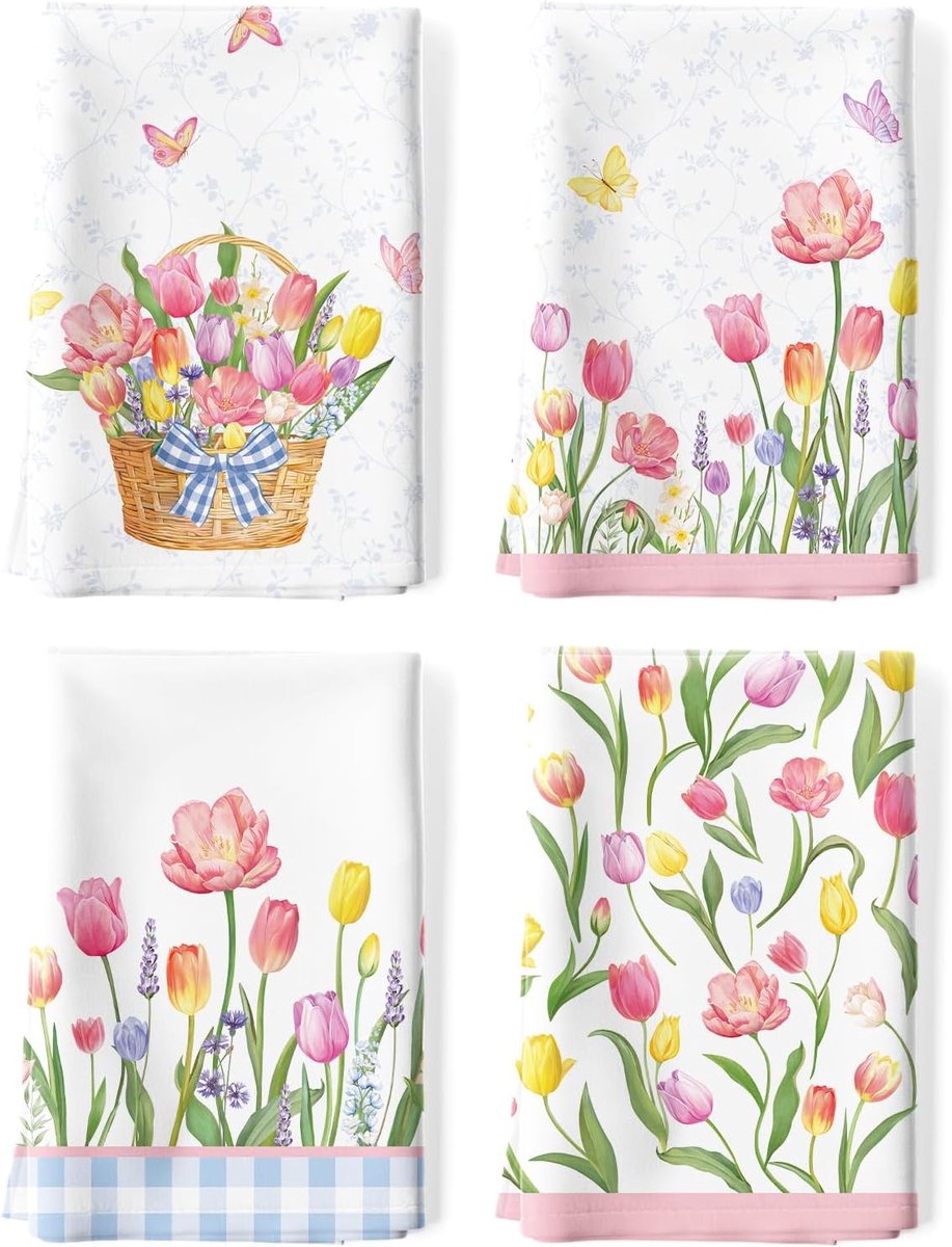 SnelShoppen - 4 Stuks Keuken Handdoeken 48x70cm, 100% Katoen, Sneldrogend, Bloemenpatroon, Ideaal voor Keuken, Feest, Cadeau, Verjaardag, Trouwerij