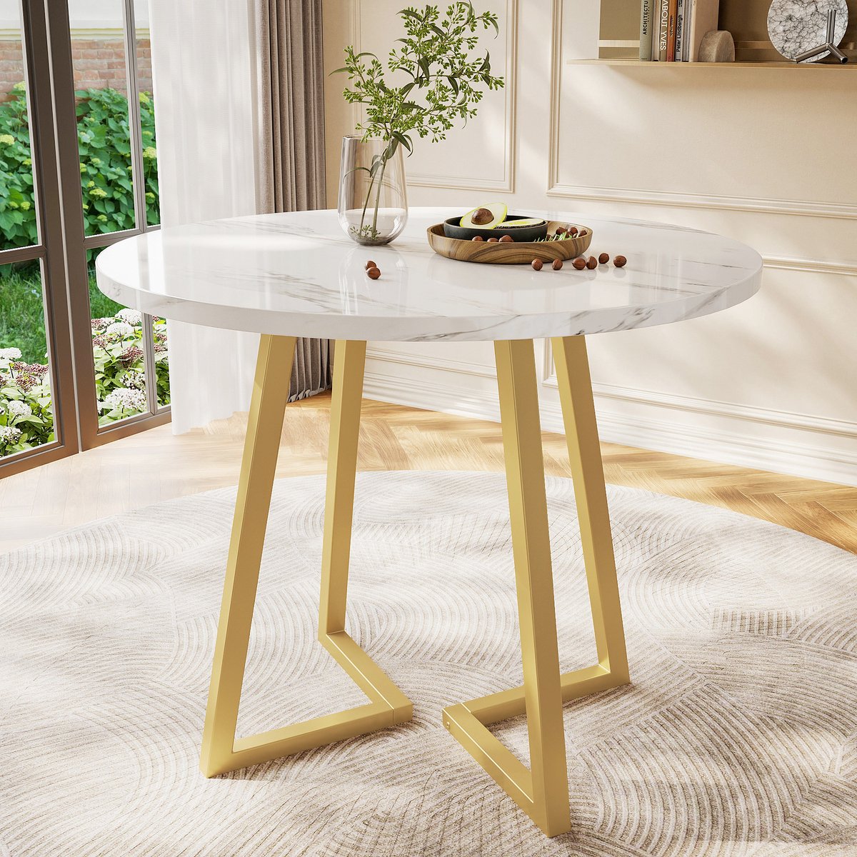 COVREO Eettafel 80x80x75 cm - wit met marmerlook fineer, metalen onderstel, ronde tafel