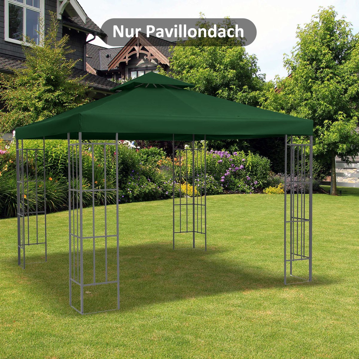 COVREO Vervangend pavillondak 300x300 cm – groen polyester, dubbel dak met 8 klittenbanden