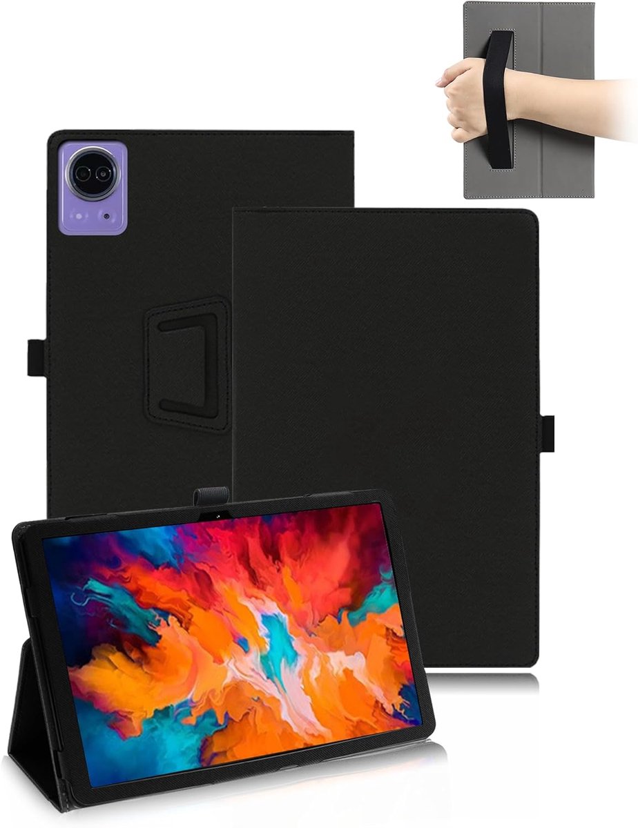 SnelShoppen - Case voor 11 Inch Tablet, PU Leren Cover met Flip Stand, Beschermende Hoes met Penhouder en Polsband, Zwart voor dagelijks gebruik
