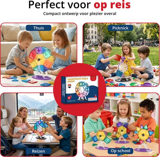 Vier kinderen spelen met magnetische tegels in huis, in het park, in de trein en op school. "Perfect voor op reis".