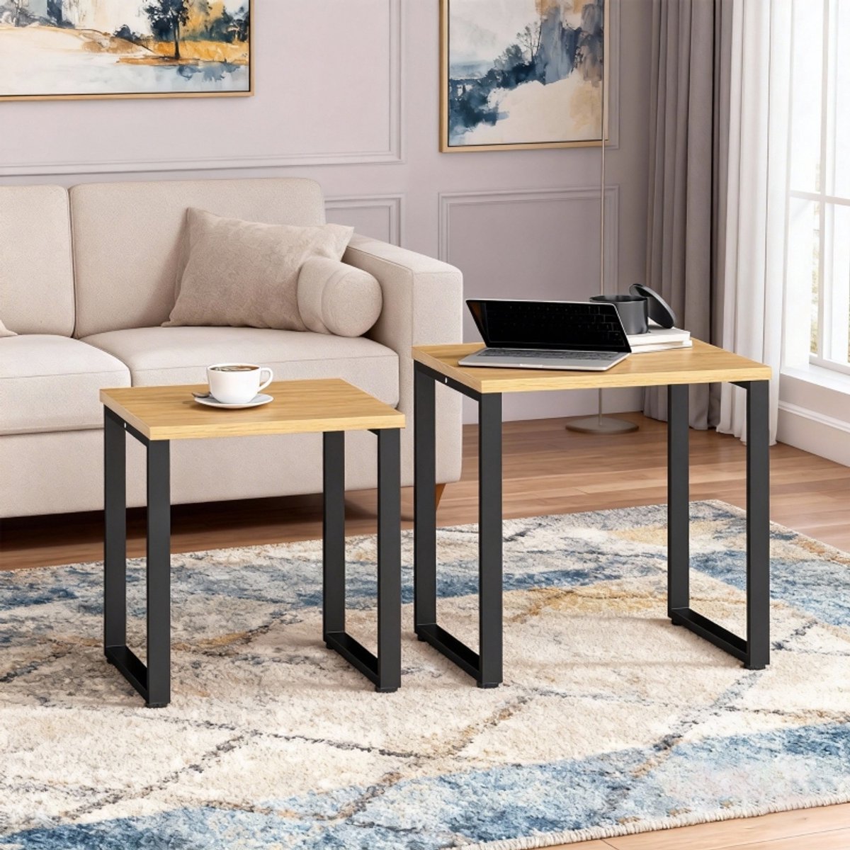 COVREO Salontafel set 2-delig 60x50x60 cm en 50x50x54 cm - houtlook, metalen frame, stapelbaar Natuurlijk hout