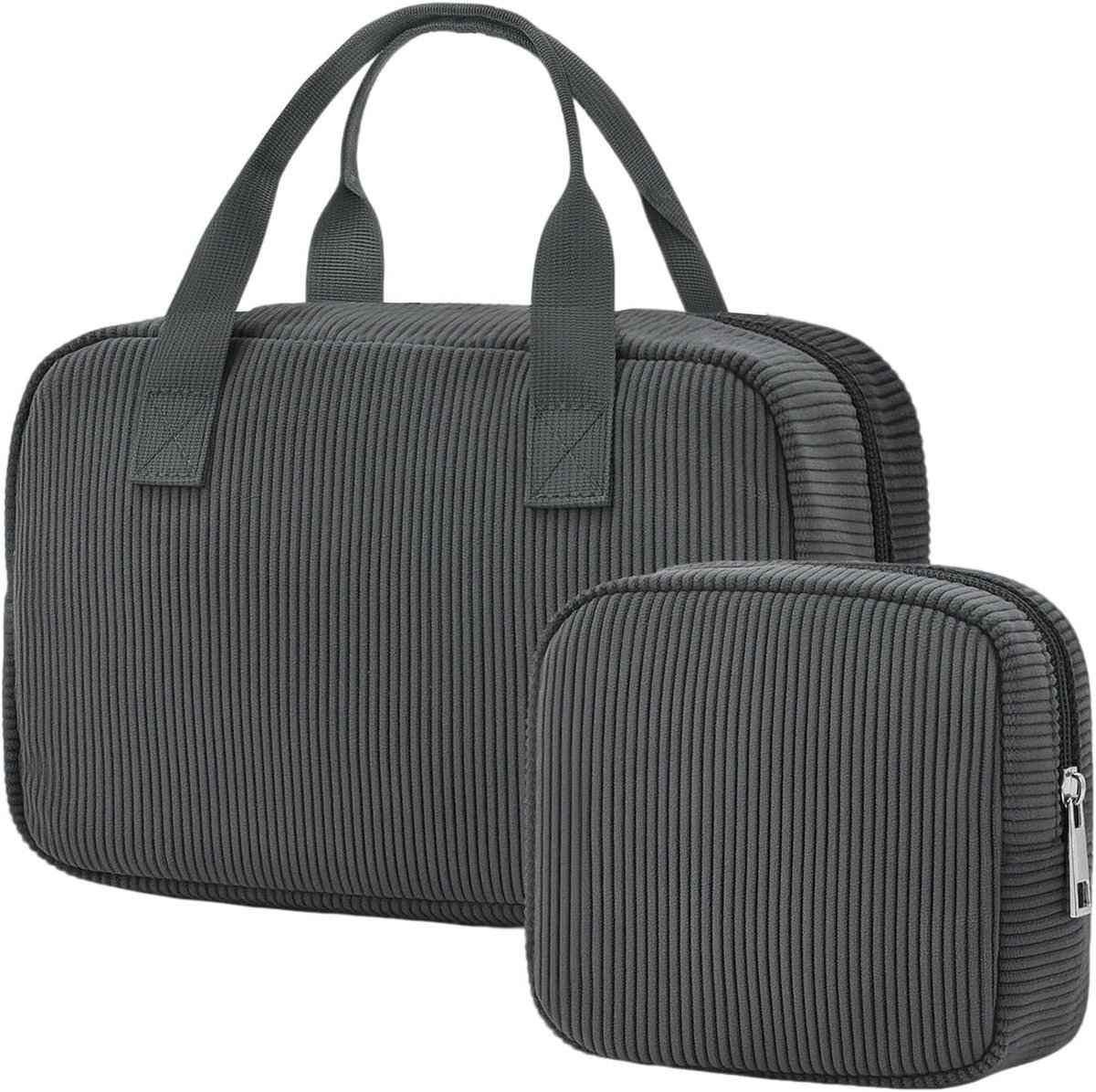 SnelShoppen - Grote Cosmetica Tas met Compartimenten, Corduroy Toilettas voor Make-up en Toilettassen, Zwart/Grijs, Ideaal voor Reizen, Feest en Dagel