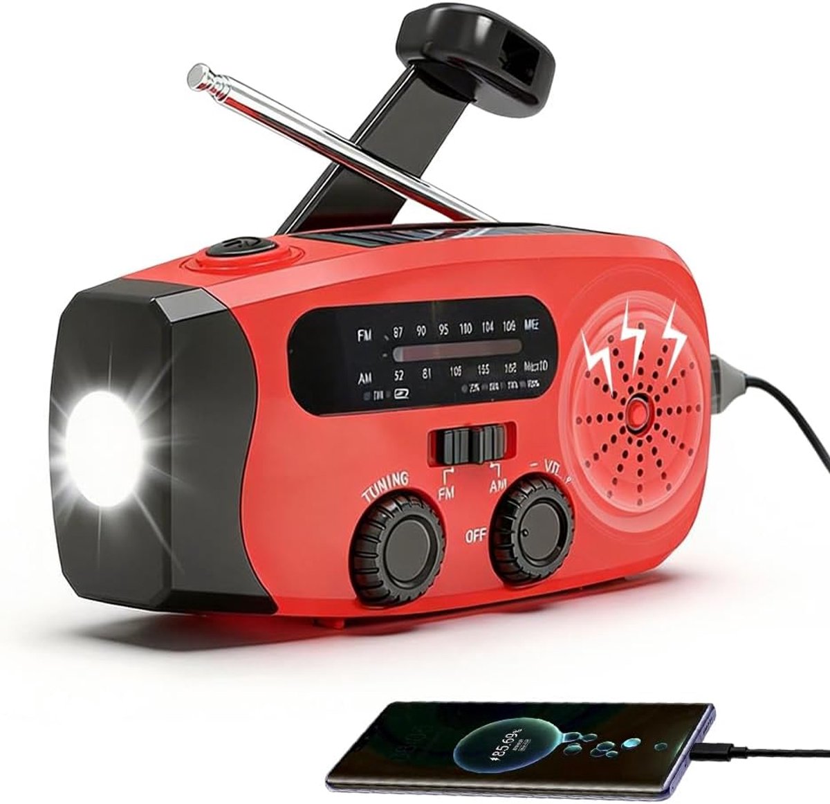 SnelShoppen - Zwengelradio 2000 mAh - Noodradio met Zonne-energie, AM/FM/WB Radio, LED-zaklamp, Powerbank, SOS-alarm - Ideaal voor Camping, Survival e