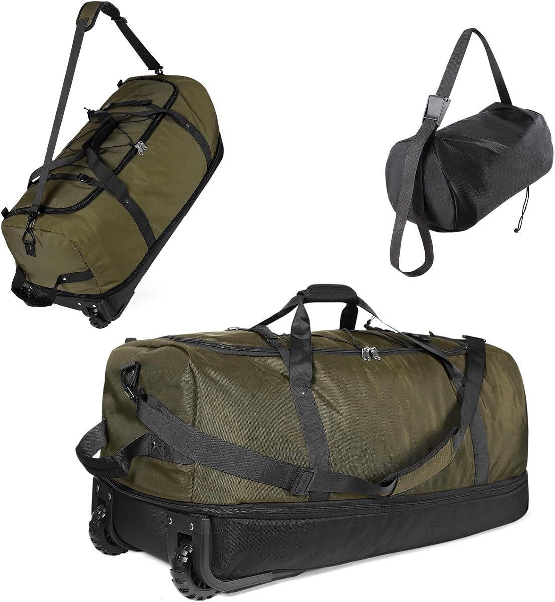 Thijox - 32 inch Soft-Side Opvouwbare Reistas op Wielen, 110L-140L Uitbreidbare Sporttas met Bijpassende Opbergtas, Legergroen, Ideaal voor Vakantie,