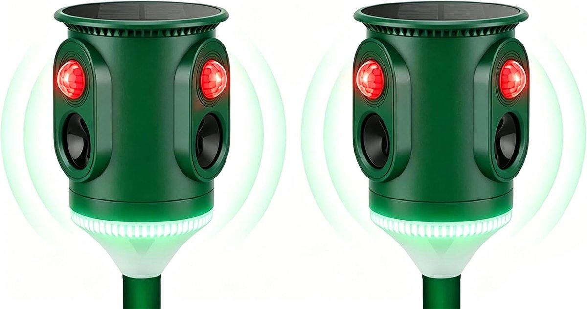 SnelShoppen - 2x Zonne-ultrasone Dierenverjager 360° met Bewegingssensor, Waterdicht en Knipperlicht voor Tuinbescherming tegen Ongedierte zoals Katte