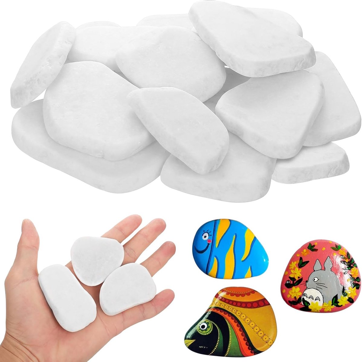 SnelShoppen - 15 Stuks Grote Verfstenen voor Schilderen, Witte Vlakke Kiezels 4.8-8cm, Decoratieve Stenen voor DIY Kunst en Tuin Decoratie