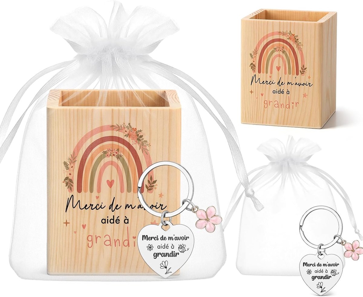 SnelShoppen - Nezyo Pennenhouder voor Leraren - Bedankcadeau met Houten Pennenhouder, Sleutelhanger Bloem en Organza Zakje - Afstudeercadeau voor Scho