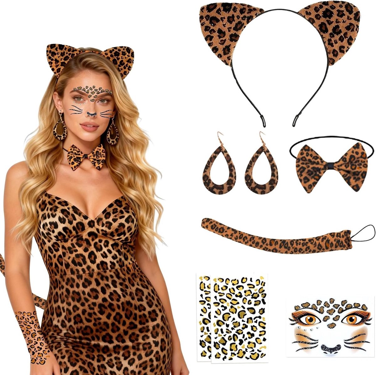 Leopard Kostuum Set voor Vrouwen met Oren Hoofdband, Strik, Staart en Tattoo Oorbellen voor Halloween Cosplay
