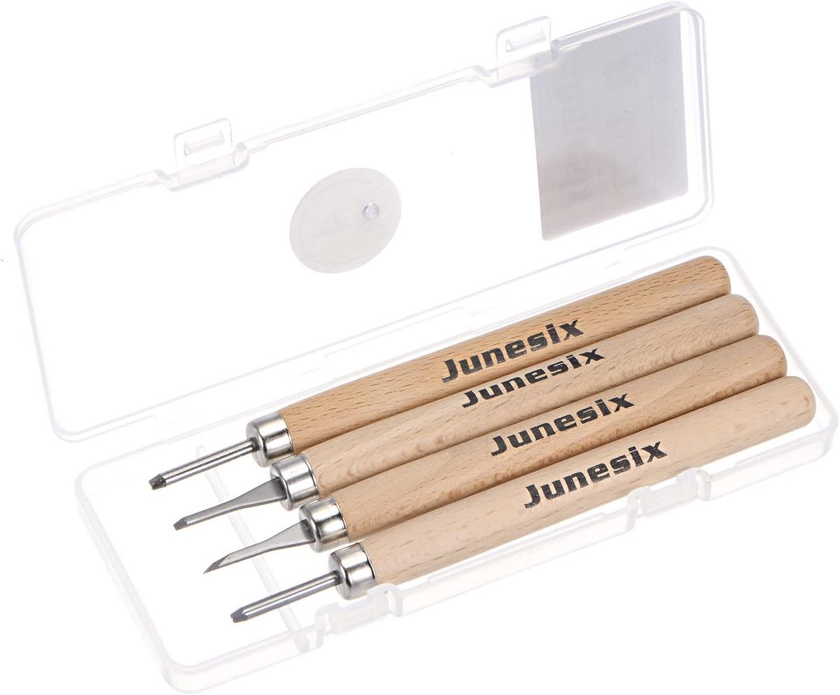 Thijox - Handgemaakte snijmessen set SK5, 4 stuks, klein, plat, rond, driehoek, houten handvat, ideaal voor kunst en hobby, graveergereedschap