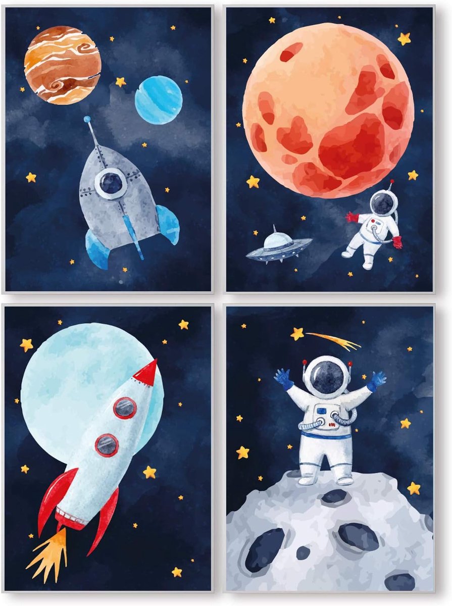 SnelShoppen - Pandawal Kinderkamerdecoratie Set van 4, Astronauten/Planeten/Raketten, Wanddecoratie voor Jongens en Meisjes, DIN A4 Formaat, Geschikt