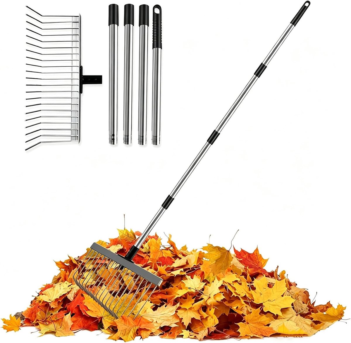 SnelShoppen - Metalen Bladhark 40 cm met 160 cm Roestvrijstalen Steel - 21 Tanden, Tuinhark voor Tuin, Gazon, Struik, Gras, Mulch - Robuuste Gazonhark