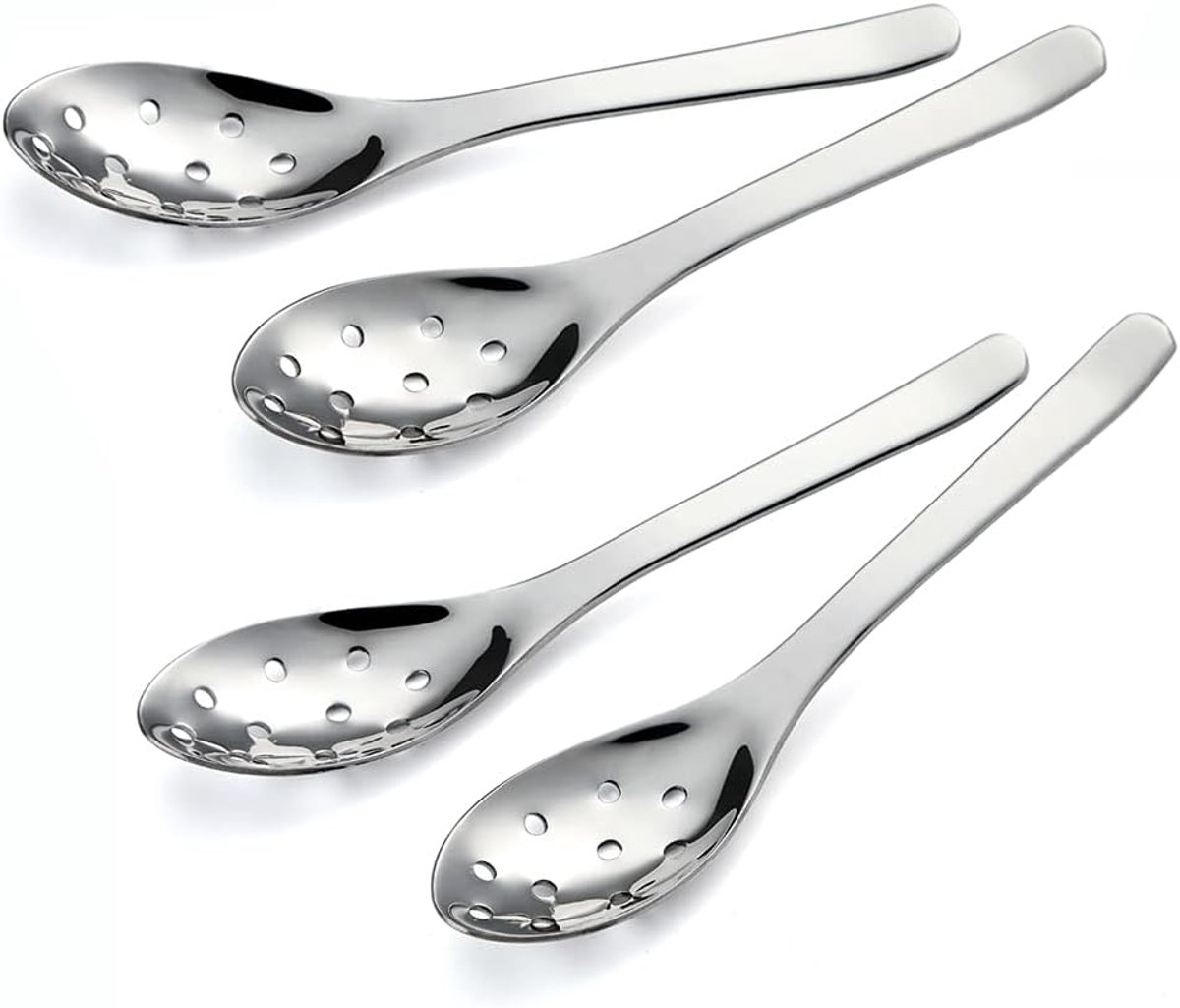 SnelShoppen - 4x RVS Slotted Lepels - Modern Design, Stevige Korte Handgreep, 10 Gaten, Duurzaam voor Soep, Cereal, Dips, Curry, Sauzen en Stoofschote