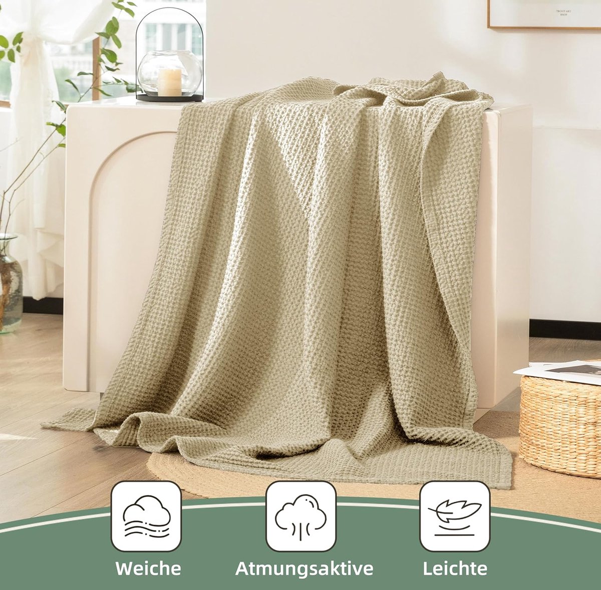 SnelShoppen - 100% Katoenen Dekentje 130x150 cm, Zacht en Ademend Wafelpatroon, Lichtgewicht Sofa Dekbed, Perfect als Knuffeldeken voor Woonkamer en P