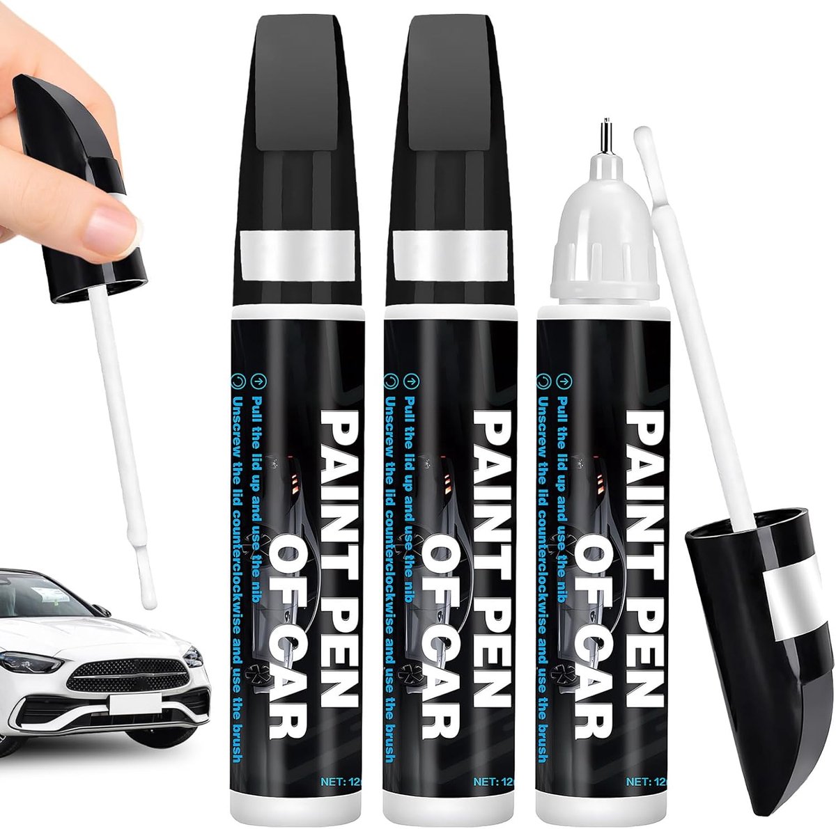 SnelShoppen - 3 Stuks Autolakstift Witte Kleur - Lakstift voor Auto's en Motorfietsen - Professionele Reparatie met Borstelkop en Balpenpunt - 12 ml x