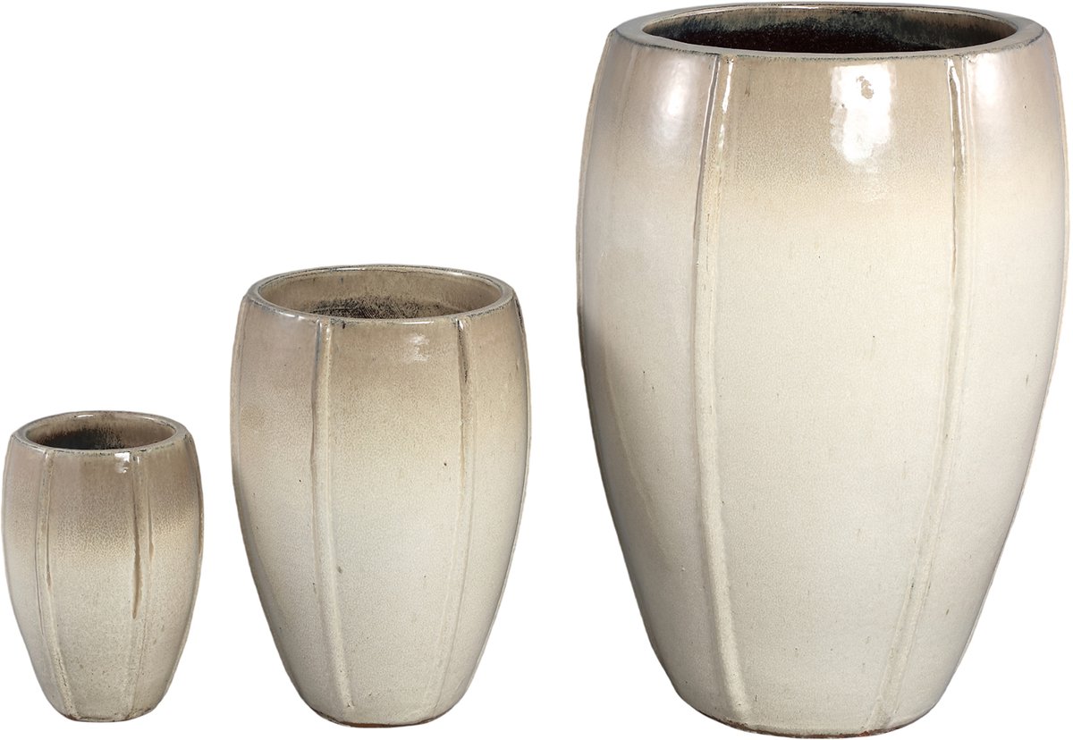 PTMD Labella Beige Ceramic Pot Round High Set Of 3