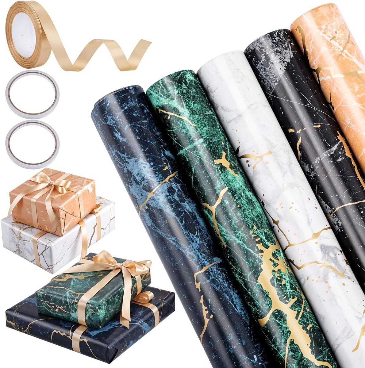 Cadeaupapier set - Rollen cadeaupapier - Hoogwaardig - Marmerdesign - Kerst - Bruiloft - 5 ontwerpen - 43cm x 3m - Voor Kerstmis, verjaardag