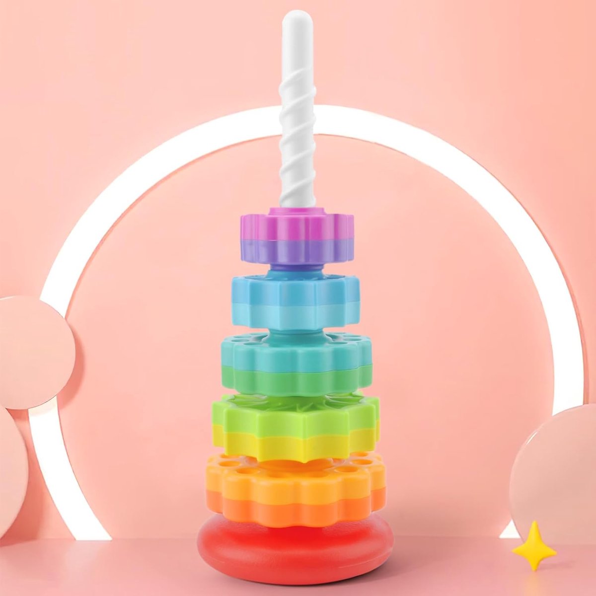 SnelShoppen - Rainbow Stacking Tower Speelgoed - Educatief Stapelspel met Draaiende Ringen - Wobbelbasis - 5 Kleurige Stapelringen - Sensory Speelgoed