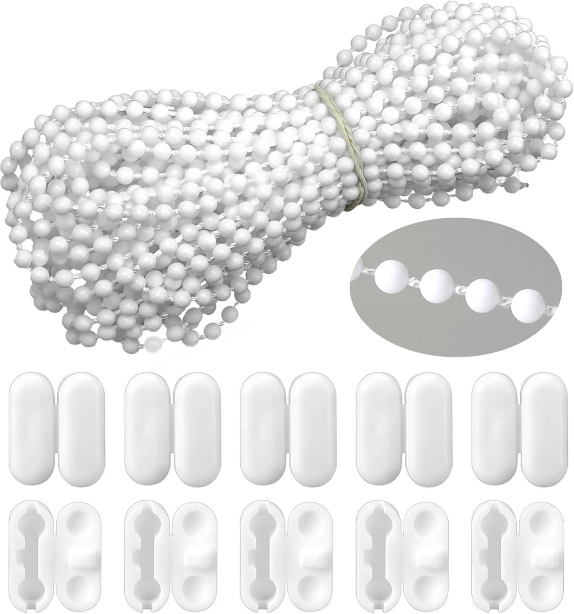 SnelShoppen - 10m Roller Blind Bead Chain Vervangingsset met 10 Connectors, White PVC Pull Curtain Bead Chain voor Rolgordijnen en Vouwgordijnen