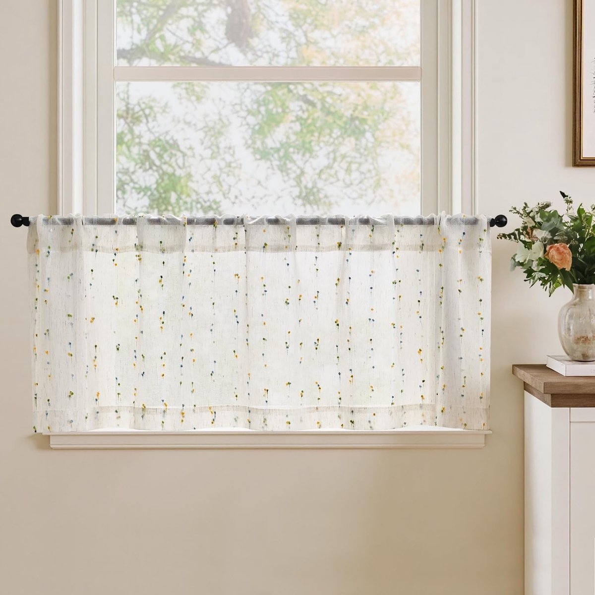 Vitrage Gordijn - Keukengordijn Halftransparant - Privacy Creëren - Linnenlook Stof - 40 x 125 cm - Gestippeld Groen