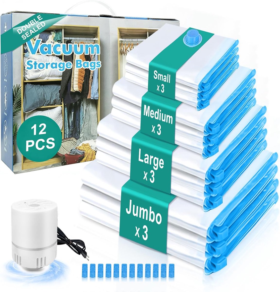 Thijox - Vacuümzakken voor Kleding Set van 12 Stuks met Luchtdicht Ventiel en Handpomp, 3 