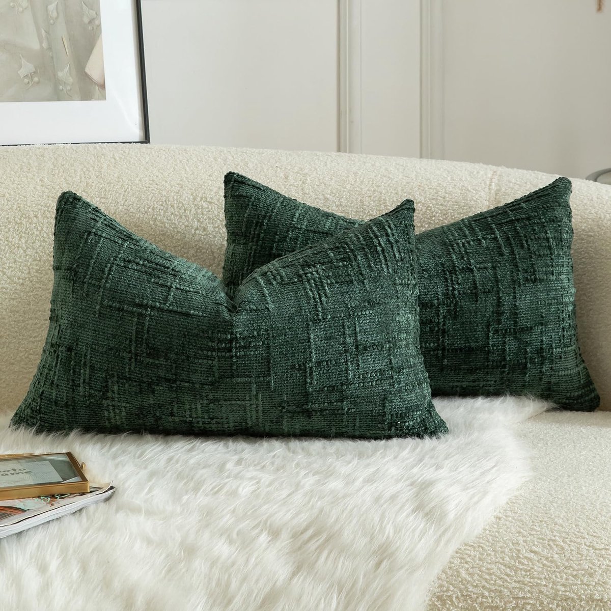 SnelShoppen - Set van 2 Donkergroen Chenille Kussenslopen 30x50cm - Luxe Textuur, Decoratieve Hoofdkussens voor Bank en Slaapkamer - Cozy Farmhouse Ac