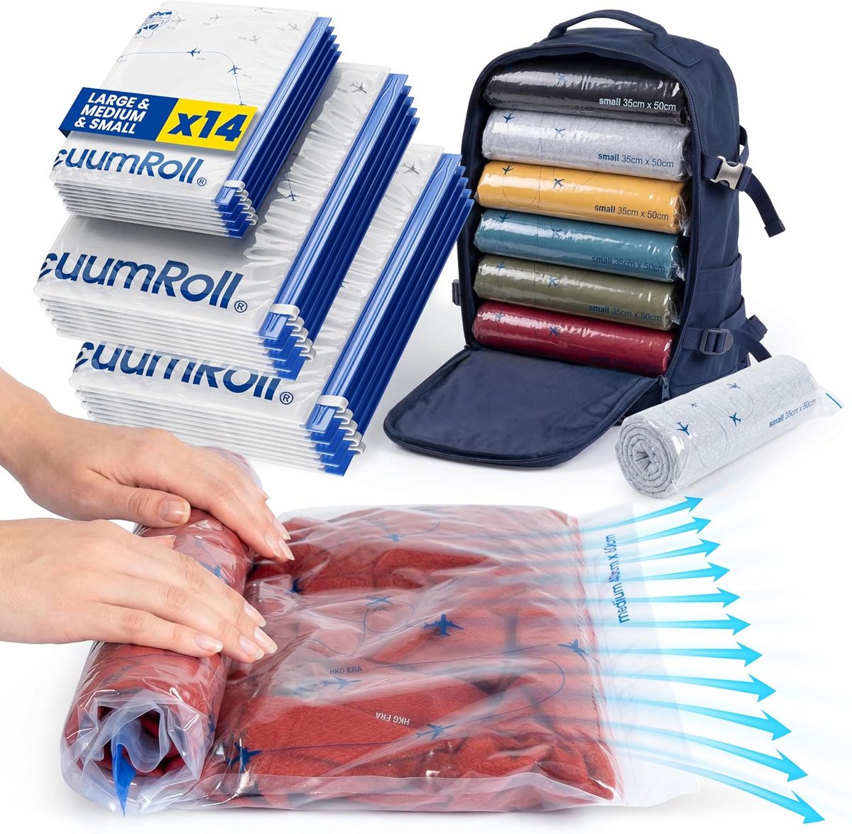 Thijox - Vacuümzakken om te Rollen (14 stuks) voor Kleding – Compressiezakken, Reis Vacuüm Zakken, Kledingzakken (3 Maten: 70x50, 60x40, 50x35 cm) voo