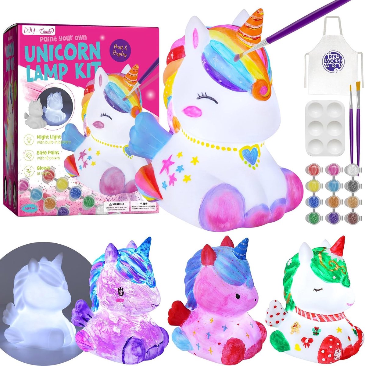SnelShoppen - Unicorn Nachtlampje Schilder Kit - Creatieve Kunstset voor Meisjes 6-10 Jaar - Compleet met Verf, Kwasten en Schilder Schort - Perfect C