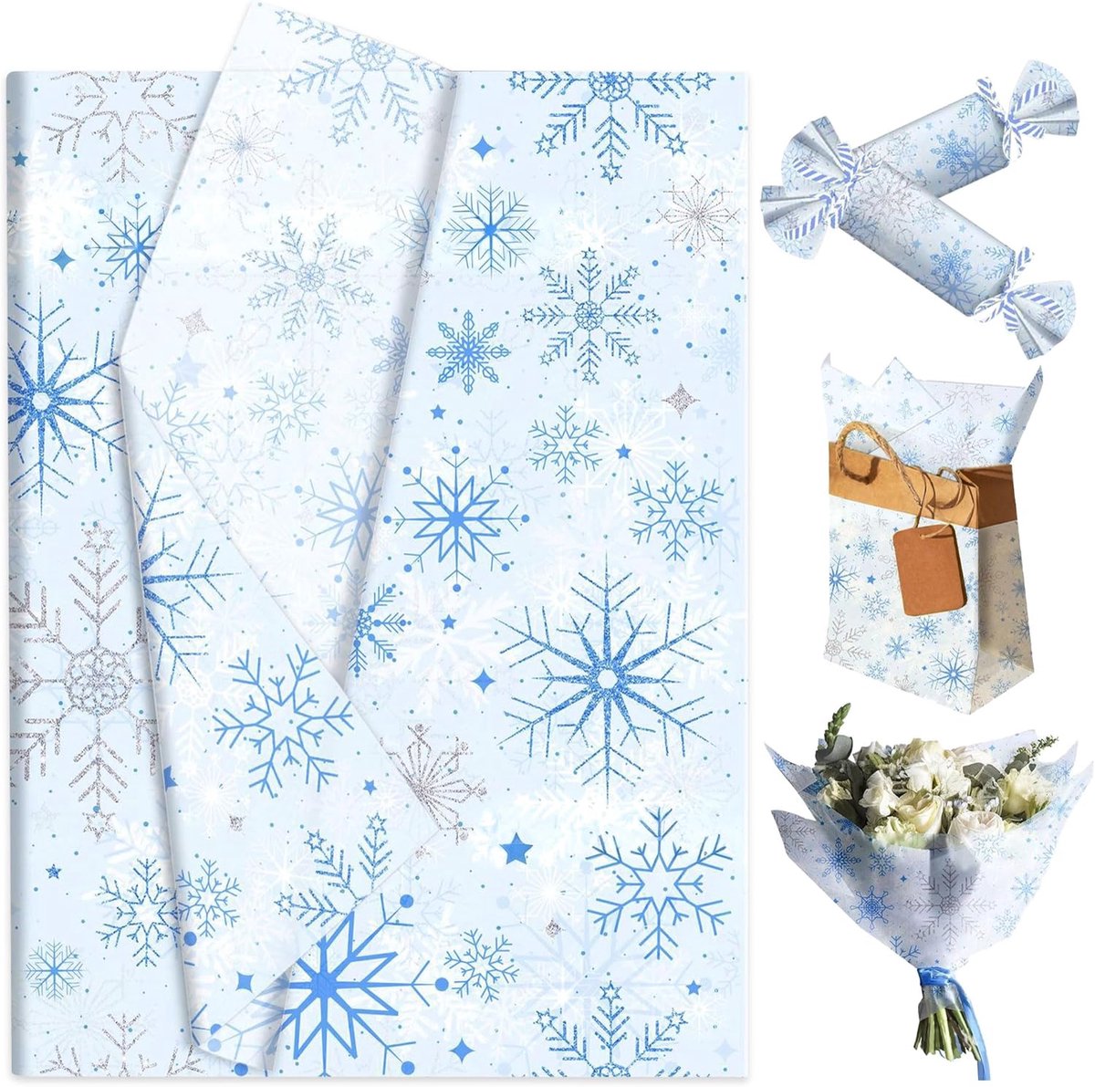 SnelShoppen - 50x Cadeaupapier met Sneeuwvlokken - Winter Wonderland DIY Knutselset - Wit - Perfect voor Verjaardagen en Feestjes