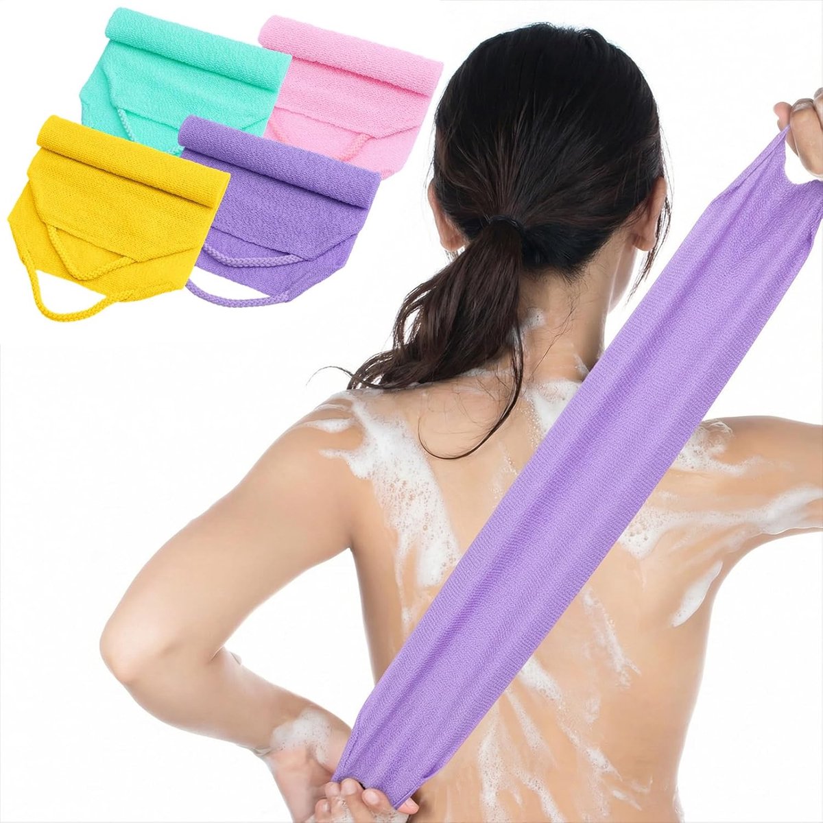 SnelShoppen - 4-Delige Scrub Set met Handvatten, Dubbelzijdige Nylon Exfoliërende Washandjes voor Rug en Lichaam in Kleurrijk Design