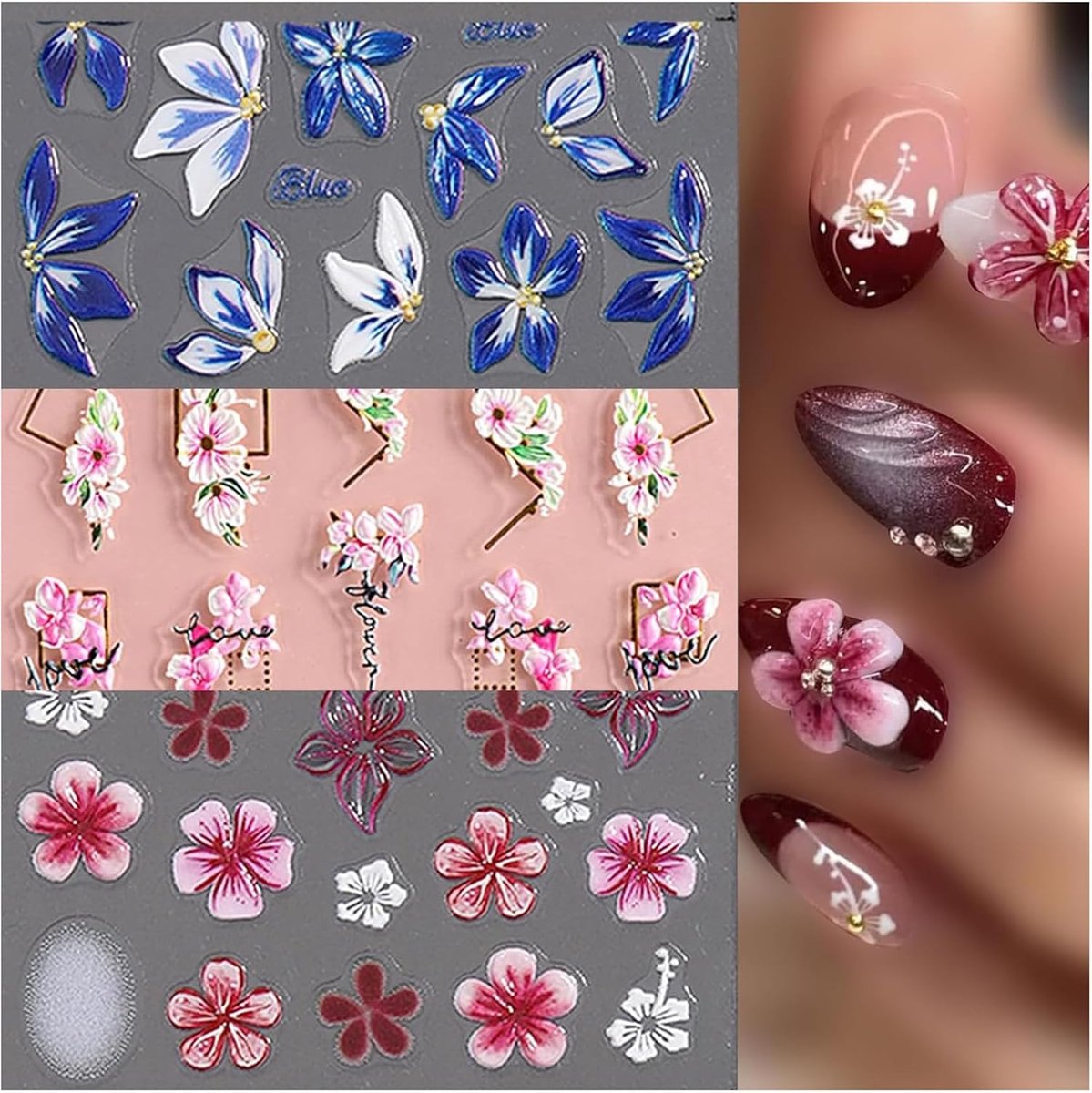 SnelShoppen - 3 Stuks Nagelstickers Bloemen Lelies, 5D Stereoscopische Geëmbossede Bloemen Nagelstickers, Zelfklevende Zomer Nagelstickers voor DIY Na