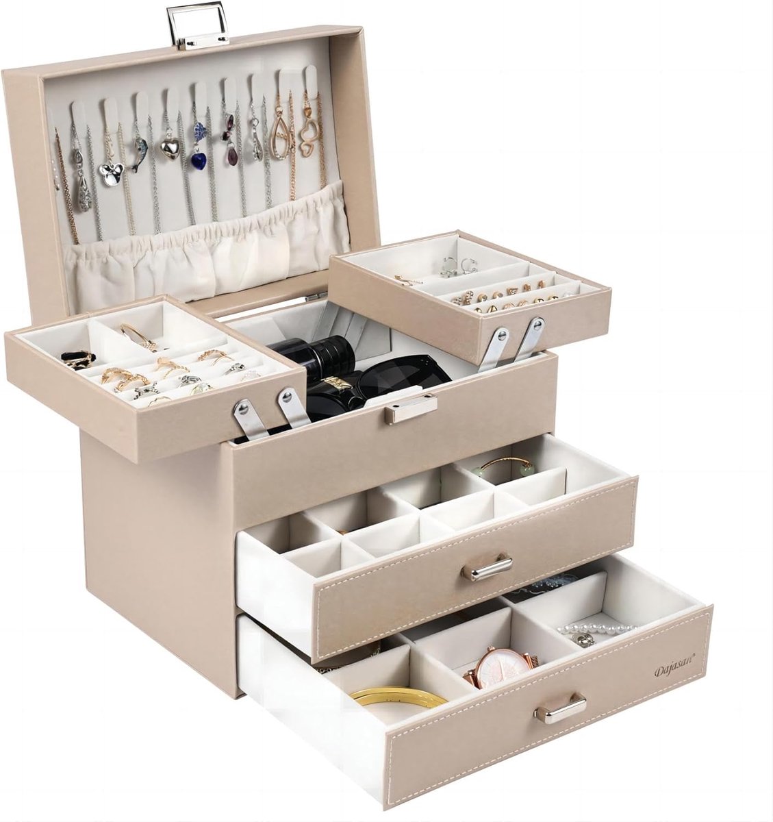 SnelShoppen - Grote Multifunctionele Sieradenbox voor Vrouwen en Meisjes - PU Leren Juwelendoos met 5 Ring Slots, 10 Kettinghaken, 26 Oorbellen Gaten