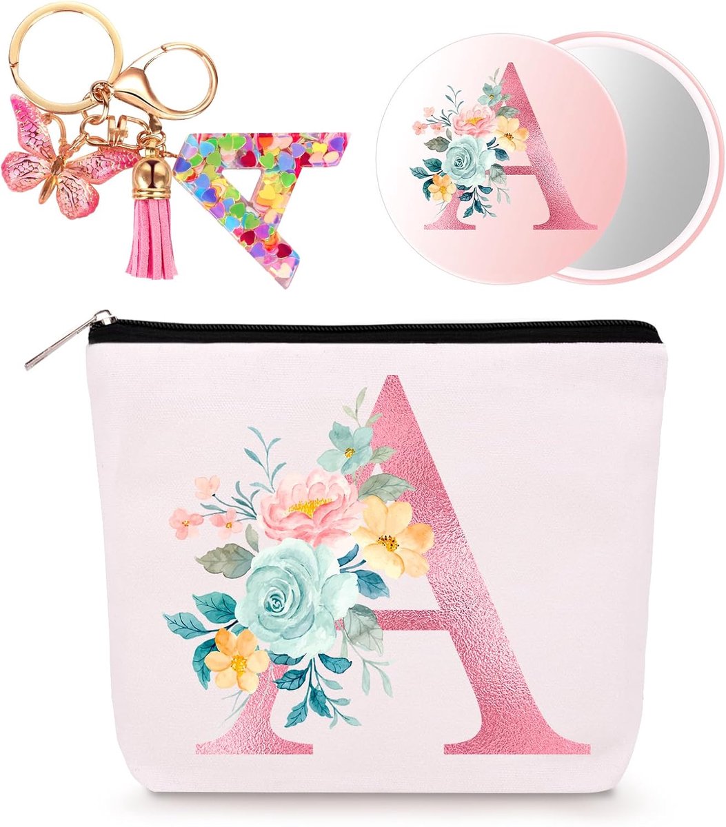 SnelShoppen - Gepersonaliseerde Cosmetica Tas voor Vrouwen - Witte Make-Up Tas met Initialen, Sleutelhanger en Pocket Spiegel - Perfect als Cadeau voo