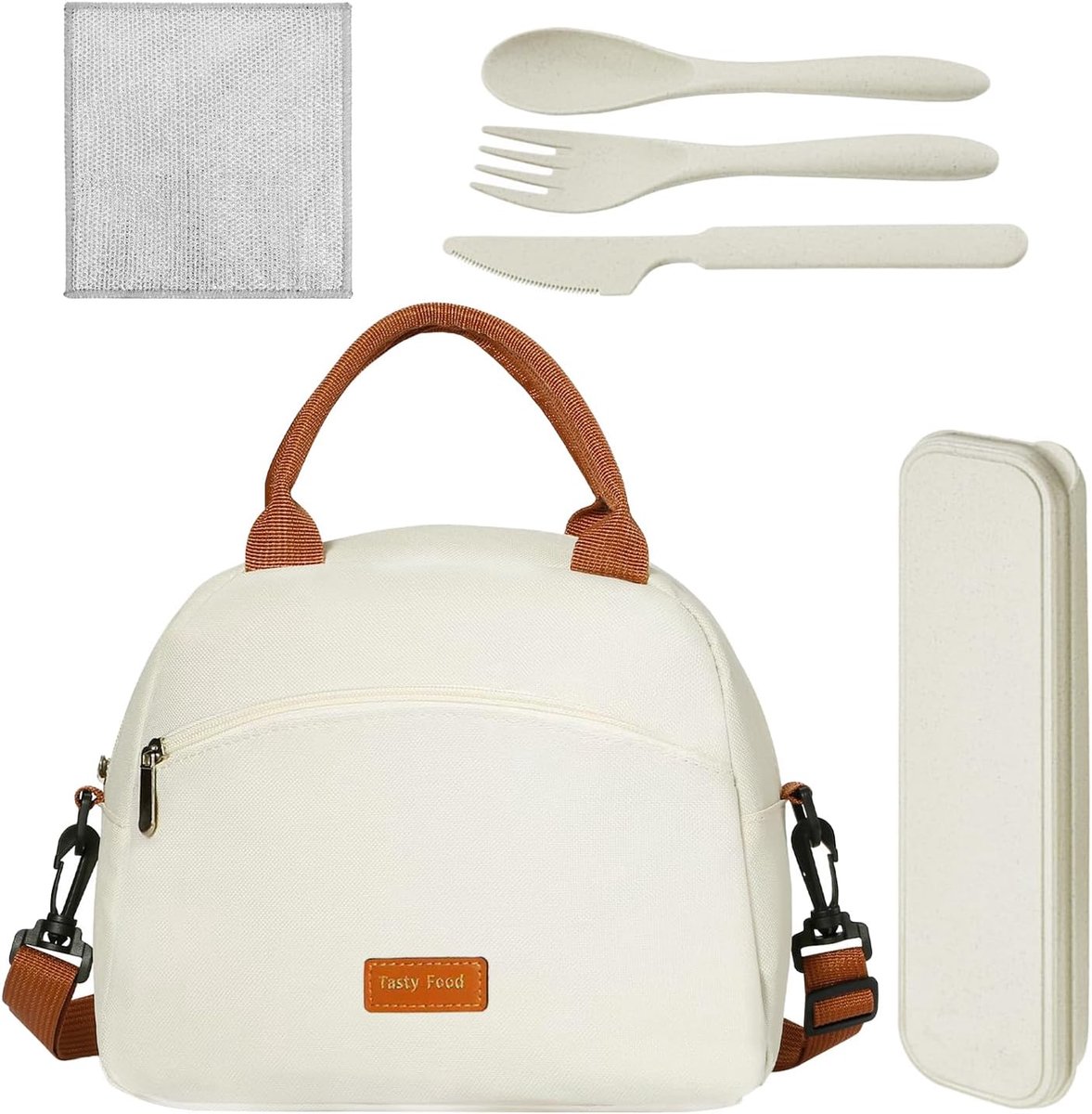 SnelShoppen - Vrouwelijke Lunchtas met Bestekset, Isolerende en Lekvrije Lunchbag, Beige, 26x14.2x21 cm, Ideaal voor Werk, School en Picknicks