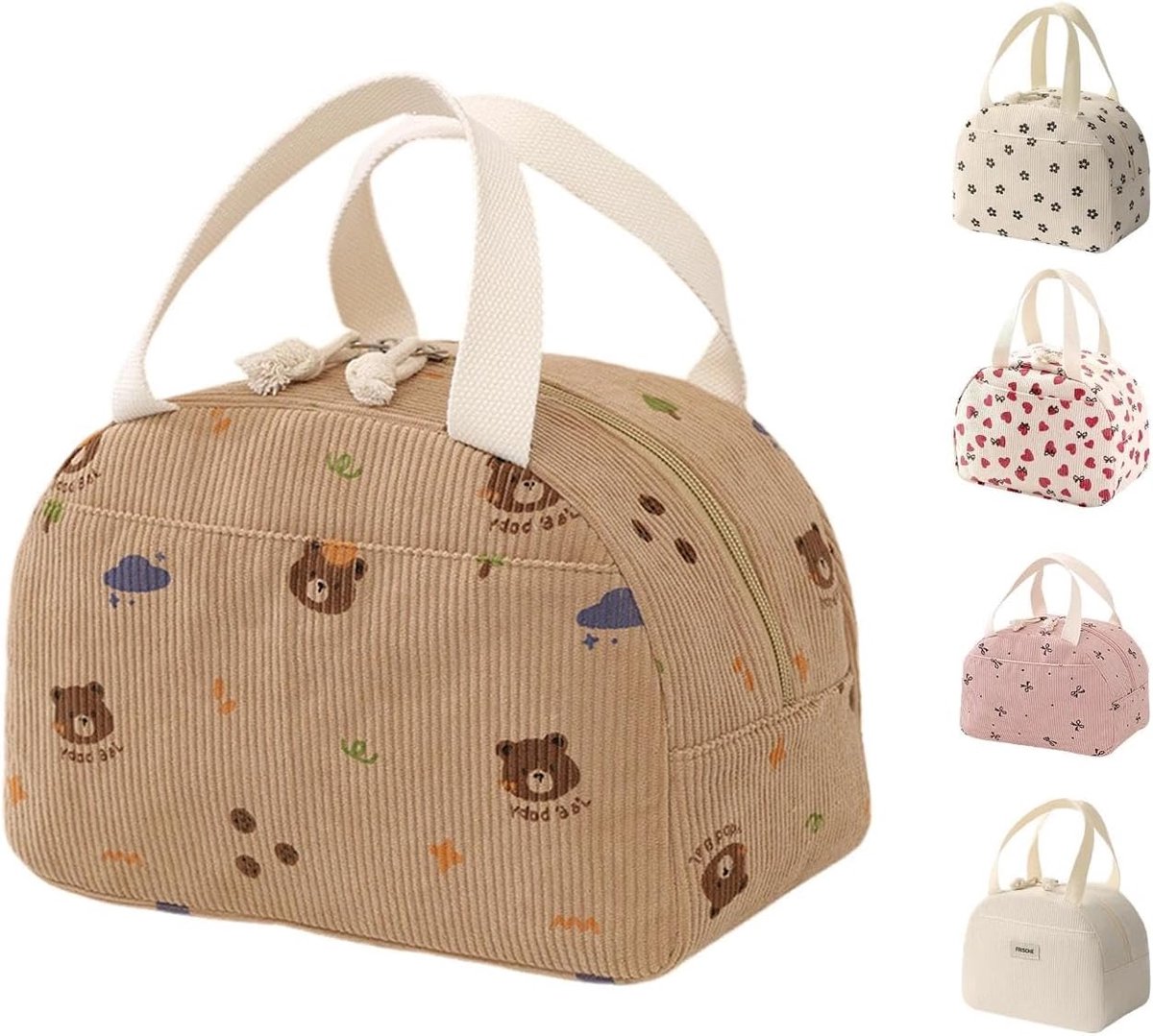 SnelShoppen - Vrouwelijke Geïsoleerde Lunchtas 6.5L Herbruikbare Lunchhandtas Corduroy Bruin Beren Patroon, Lekvrij Thermo Koelers, Grote Capaciteit v