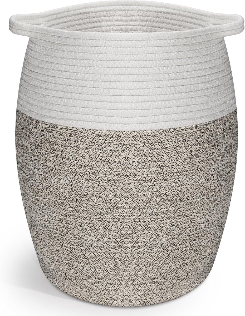 SnelShoppen - Witte & Bruine Wasmand Katoenen Touw 40L - Handgeweven Opbergmand met Handvatten voor Slaapkamer, Berging, en Huishoudelijk Gebruik 30x4
