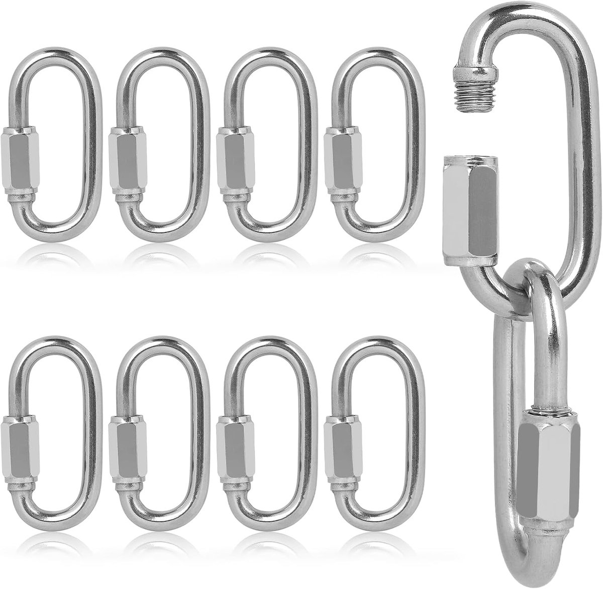 SnelShoppen - 10x M6 Veiligheids Karabijnhaak, RVS 304, Schroefkoppeling, 396 kg Draagvermogen, Kettingverbinder, Lobster 0-vorm, Ideaal voor Camping