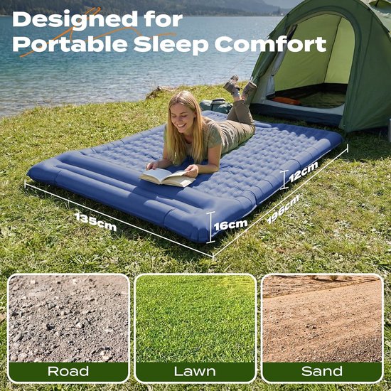 Zelfopblazende slaapmat - Kampeer matras - Comfortabel slapen buiten - Geïntegreerd hoofdkussen - 12 cm dik - Marineblauw — afbeelding 3