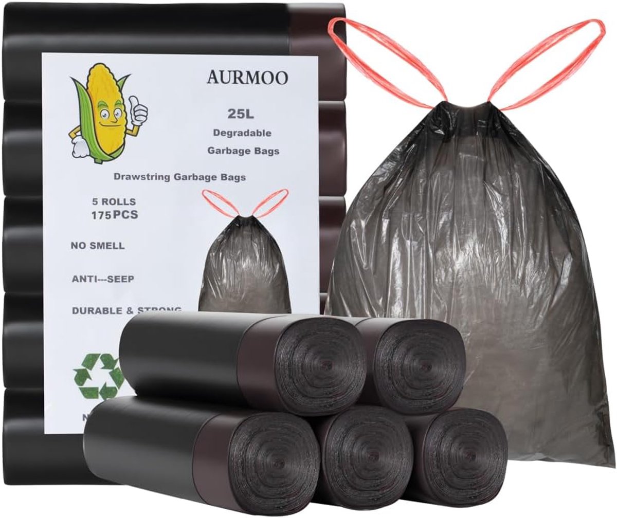 SnelShoppen - Vuilniszakken 175x25L met Handvat - Afbreekbare Vuilniszakken met Koordtrekking, Biologisch Afbreekbaar, Keukenvuilzakken 50x60cm, Perfe