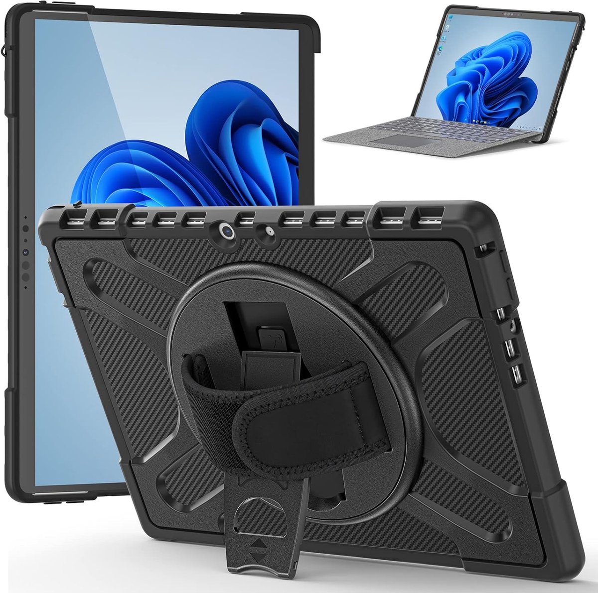 SnelShoppen - Shockproof Rugged Protective Case voor Microsoft Surface Pro 8 13 inch 2021 - Zwart - Met Rotating Stand en Wrist Strap - Heavy-Duty Arm