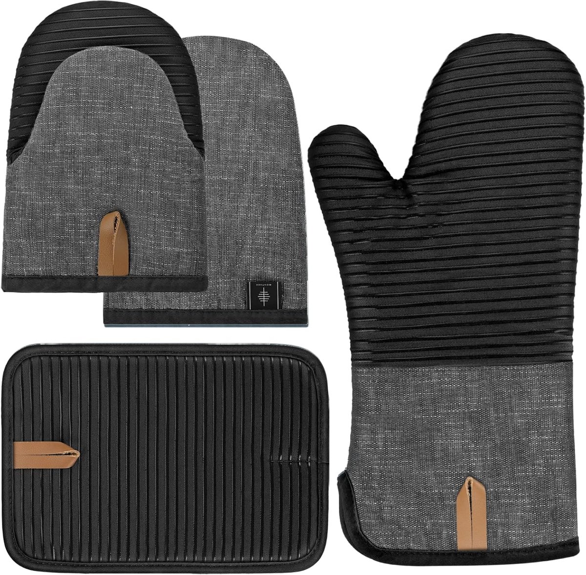 SnelShoppen - BONTHEE Ovenhandschoenen Set van 4 - Hittebestendige Pot Houders en Mini Oven Want met Antislip Siliconen - Zwart - Perfect voor Koken e