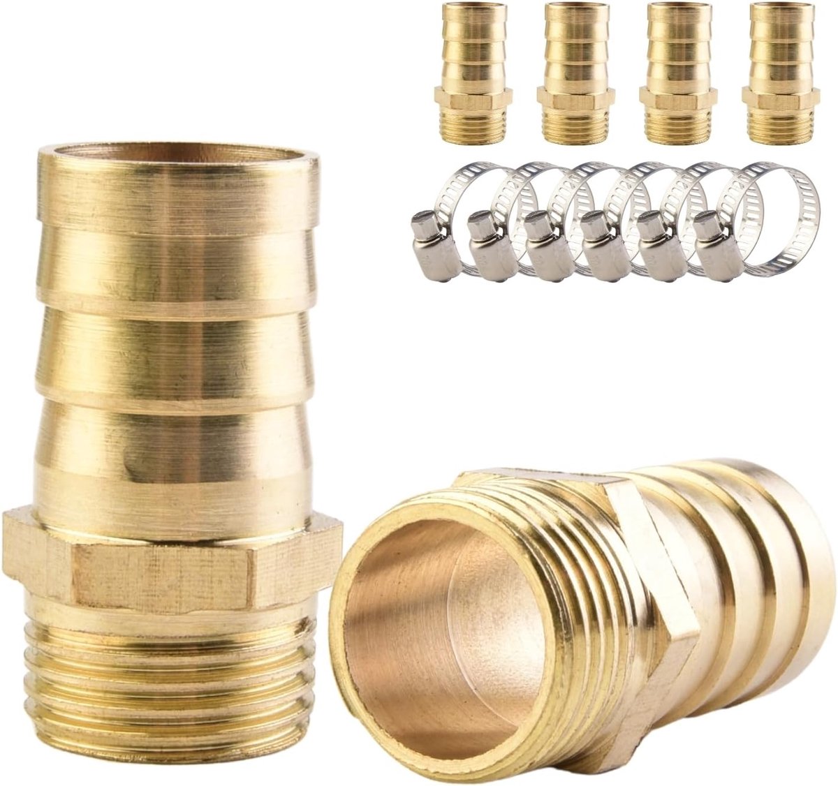 SnelShoppen - Messing Slangfittingen 6 x 19mm Aansluitingen met 1/2" Mannetje, Compleet met 6 Slangklemmen voor Gas, Water en Brandstof