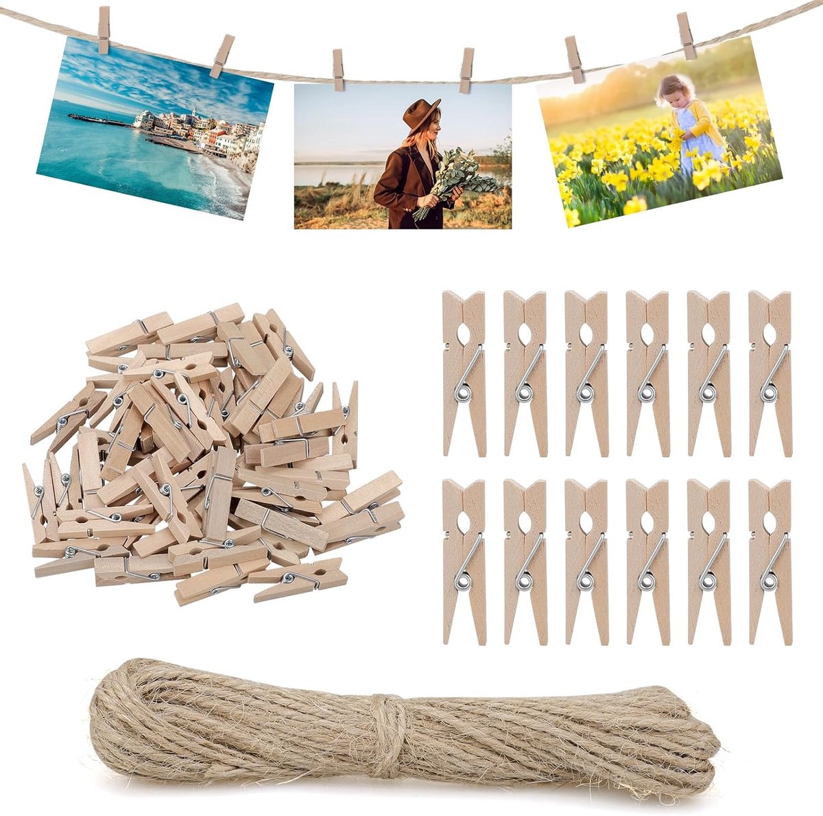 SnelShoppen - 150 Mini Houten Klemmen met 10m Jute Touw - 3.5cm Kledingknijpers voor Foto's, Postkaarten, DIY Decoratie, Milieuvriendelijk
