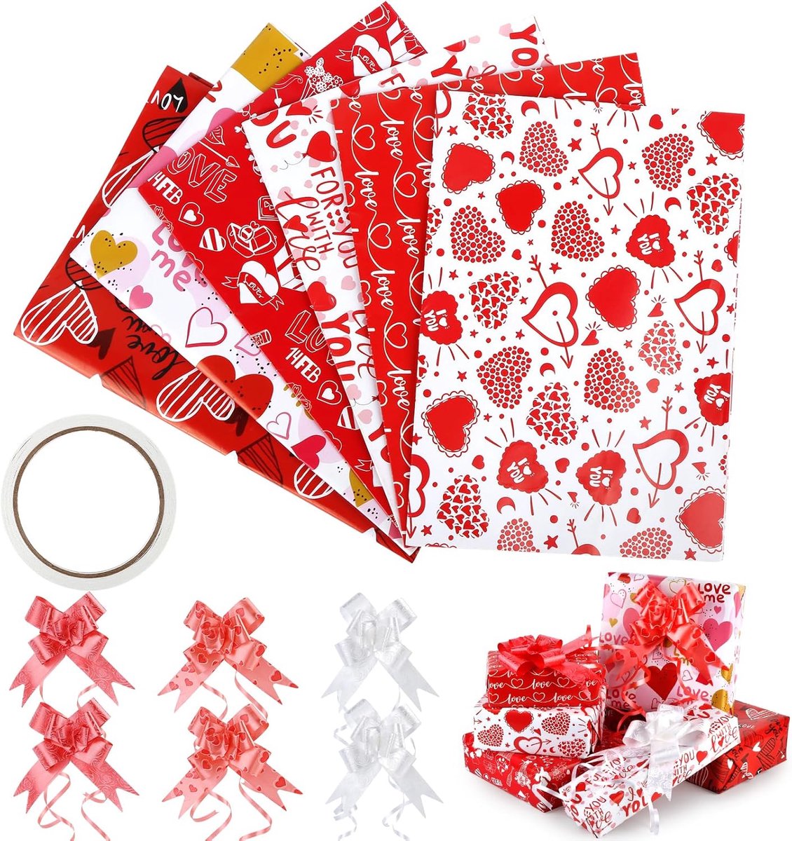 SnelShoppen - 6 Vellen Cadeau Inpakpapier 50x70cm met 1 Dubbelzijdige Plakband en 6 Cadeau Strikken - Perfect voor Valentijnsdag en Verjaardagen